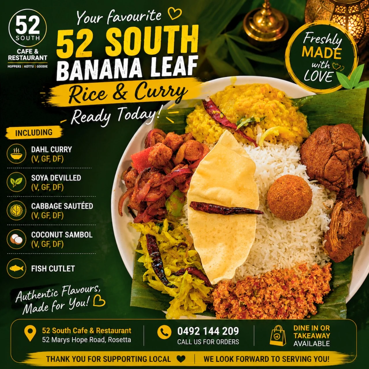 Banana leaf rice and curry meal at 52 South in Rosetta