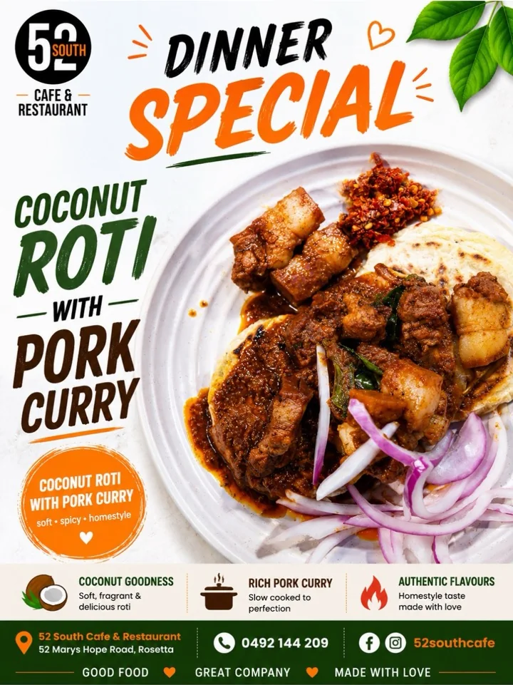 Sri Lankan pol roti with pork curry at 52 South in Rosetta