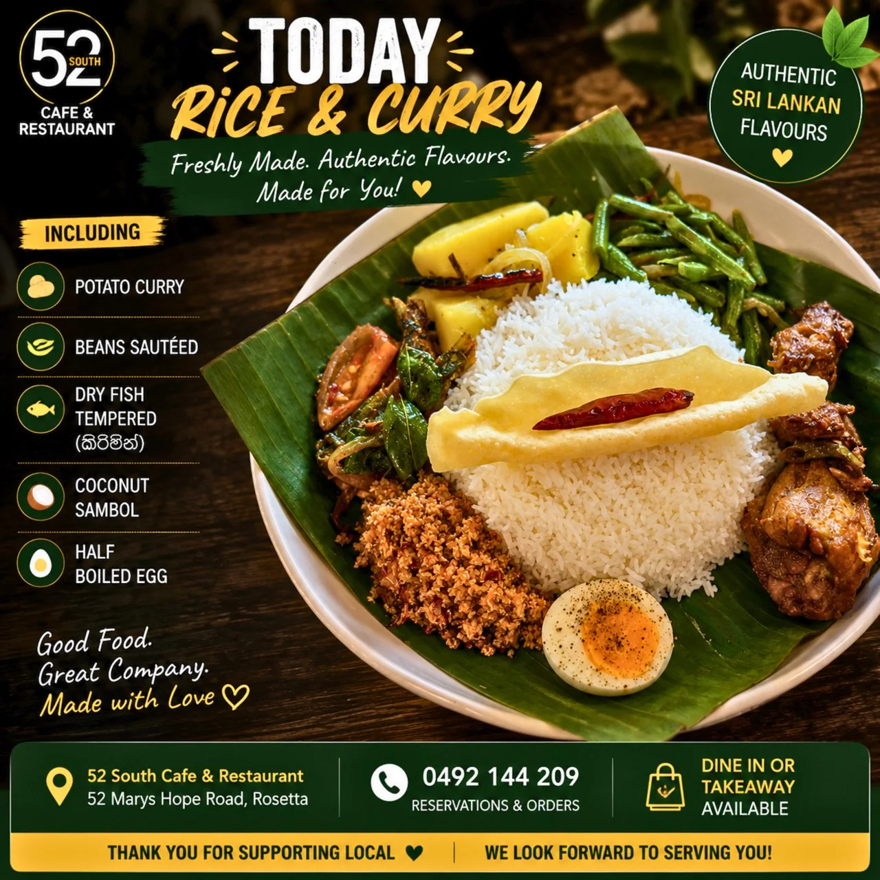 Sri Lankan rice and curry with chicken at 52 South in Rosetta