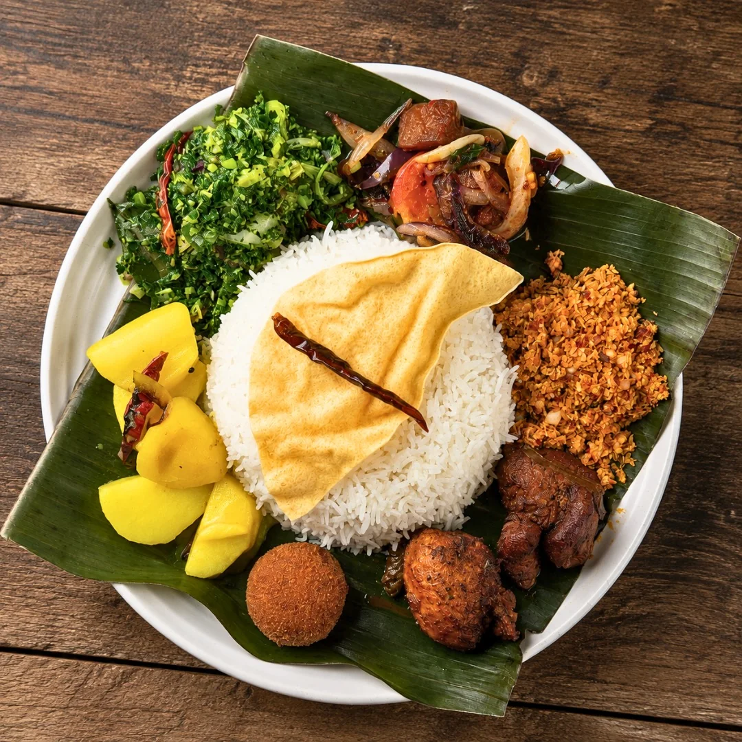 Sri Lankan rice and curry served on banana leaf at 52 South in Rosetta