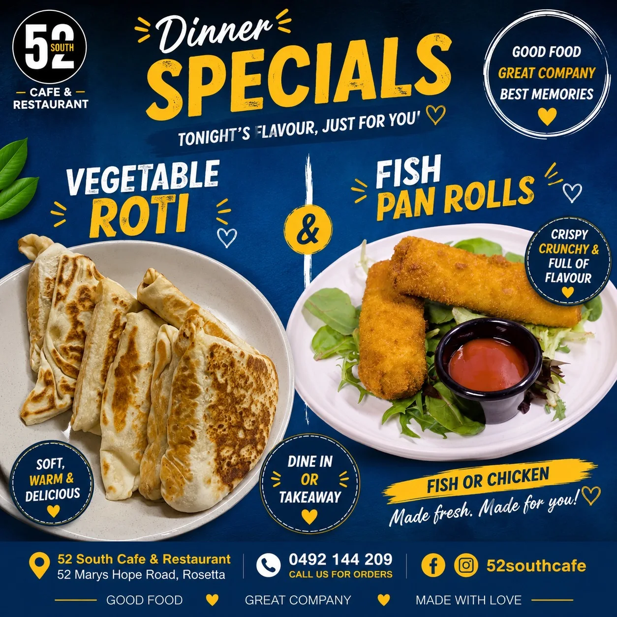 Vegetable roti and Sri Lankan pan rolls at 52 South in Rosetta