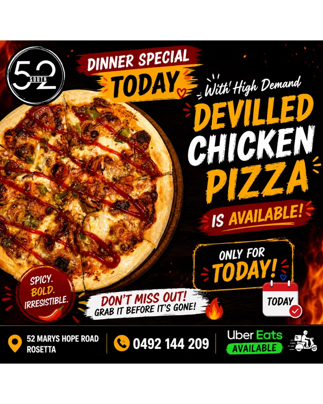 Devilled chicken pizza at 52 South